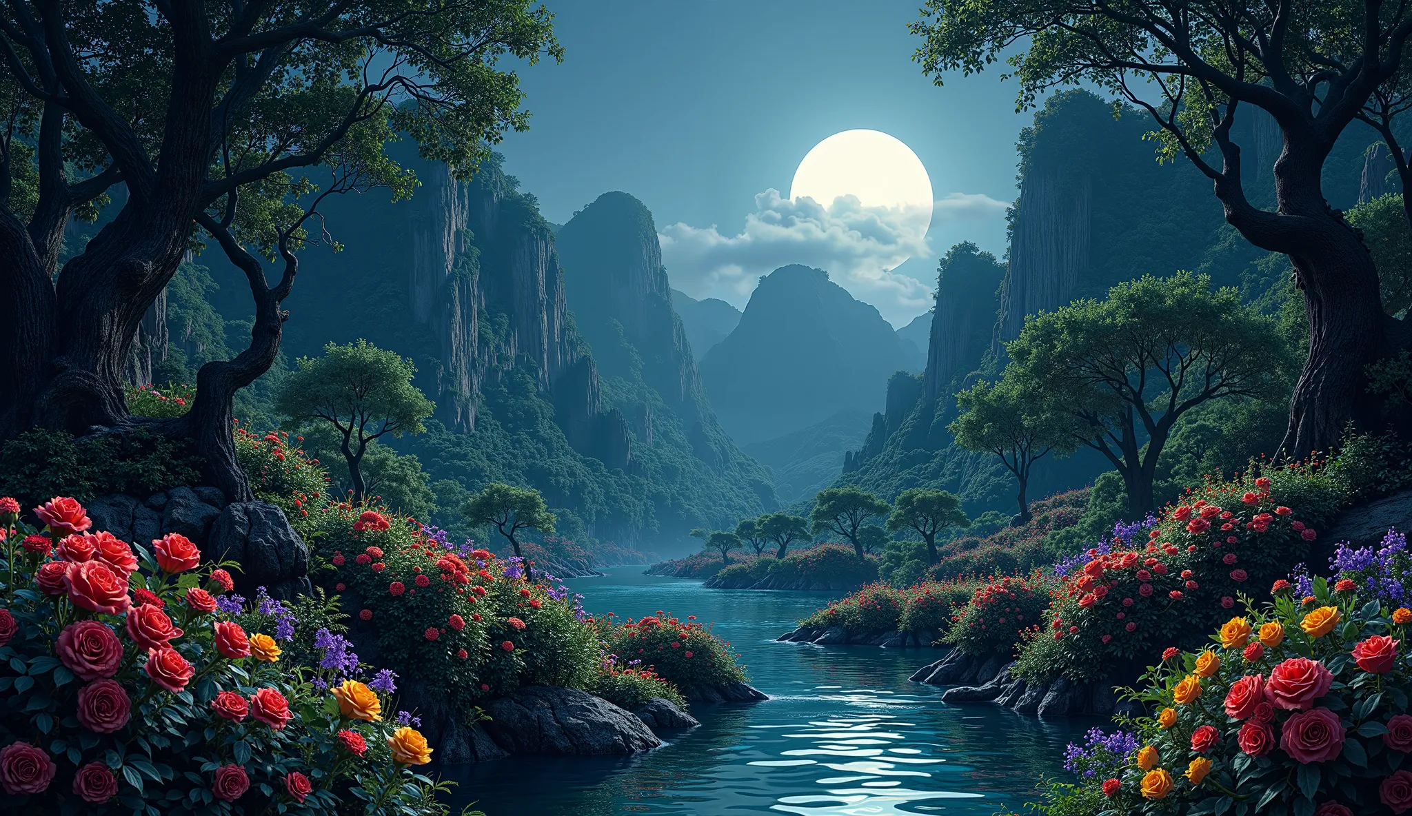 Amazon forest with colorful flowers and roses, rocky mountains and streams at night