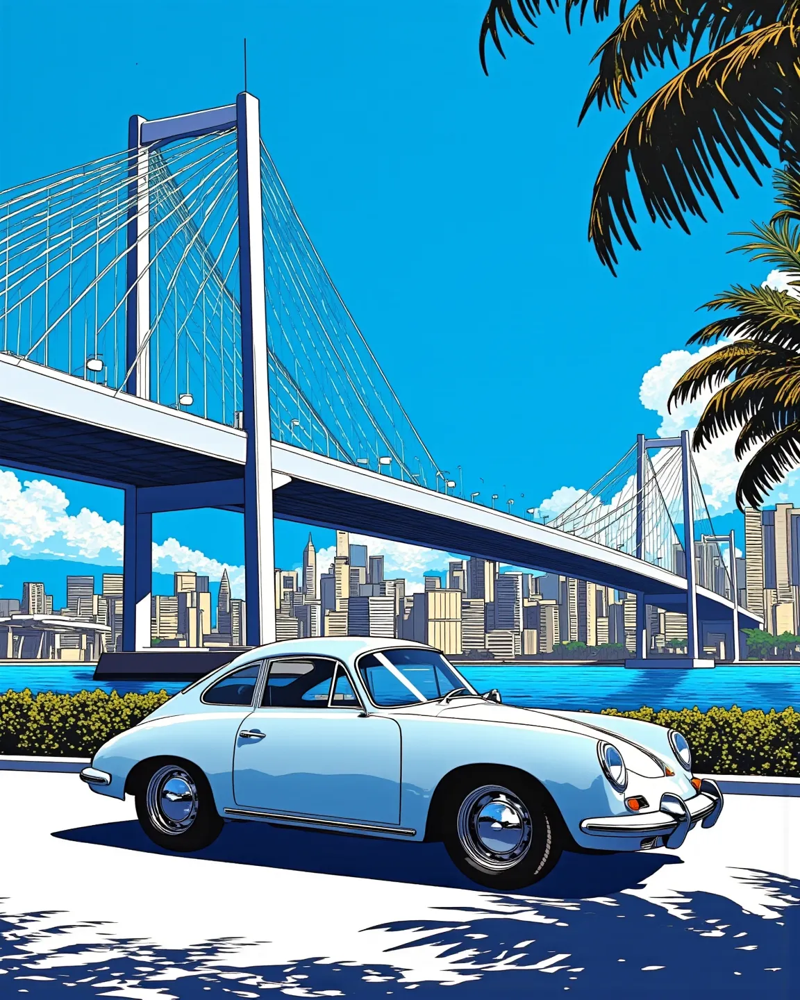 80's city pop art, blue sky, cityscape, (wind lines), palm tree, particles, from side, porsche 356, side view, Seascape, suspension bridge,   . (masterpiece, best quality:1.2)