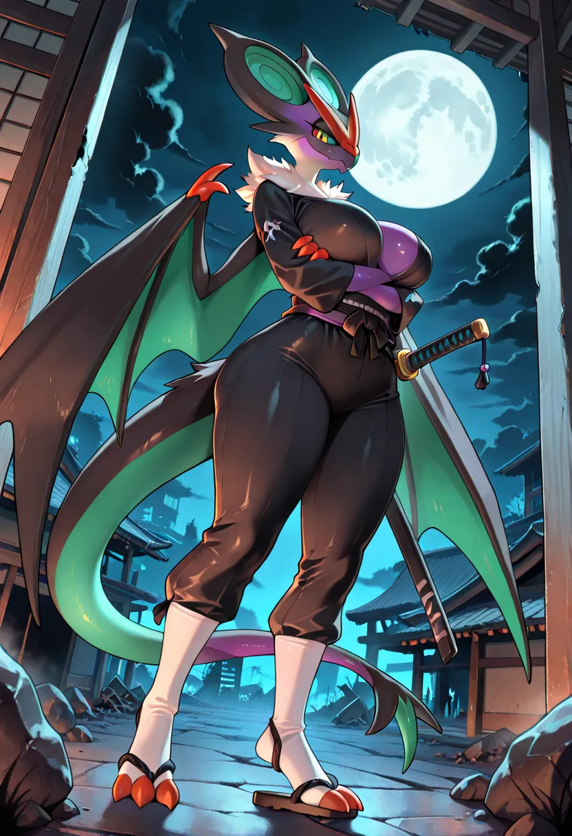 1girls:1.2, uploaded on e621, female, solo, anthro, fur, feral, mammal, scalie, pokemon, noivern, two tone body, multicolored body, black and purple body, big large breasts, hidden breasts, black clothes, black Shinobi shozoku with long sleeves, black kimo...