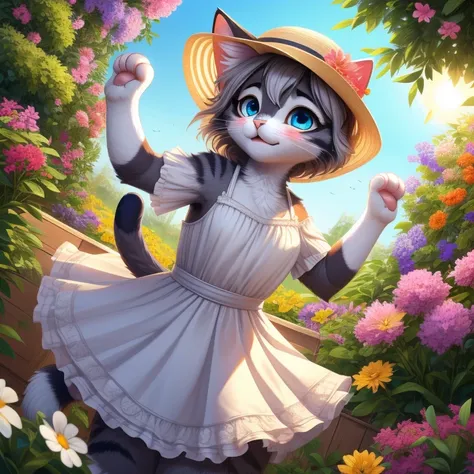 score_9, score_8_up, score_7_up, score_6_up, score_5_up, score_4_up, (((cat))), solo, (cute, feral:1.2), female, grey fur, blue eyes, sun dress, sun hat, holding flower, garden, flowers, summer, (from above), (dutch angle:1.3), (dynamic pose), looking up d...