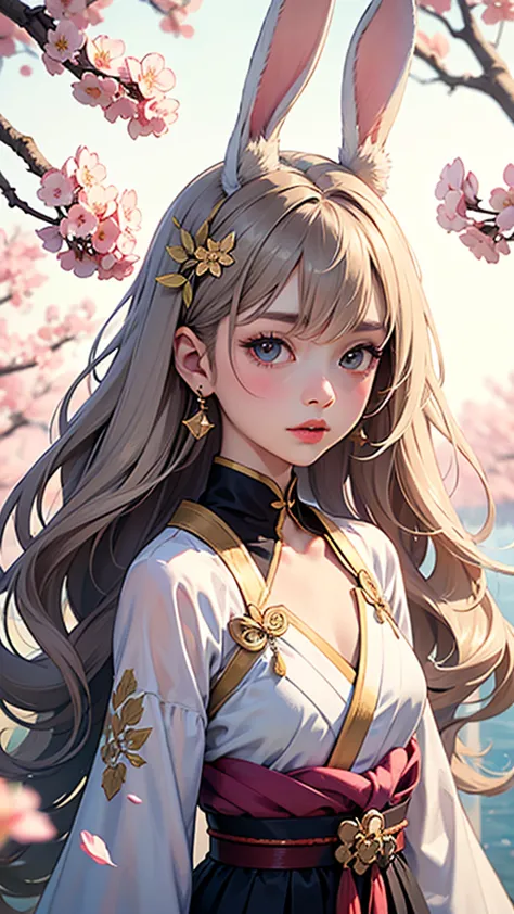 Create a cute anthropomorphic  loli with slightly oversized bunny ears inspired by Japanese girl comics. She should have soft, colorful Long wavy hair and innocent, captivating Odd Eye. Her attire should be predominantly in white and gold tones, emphasizin...