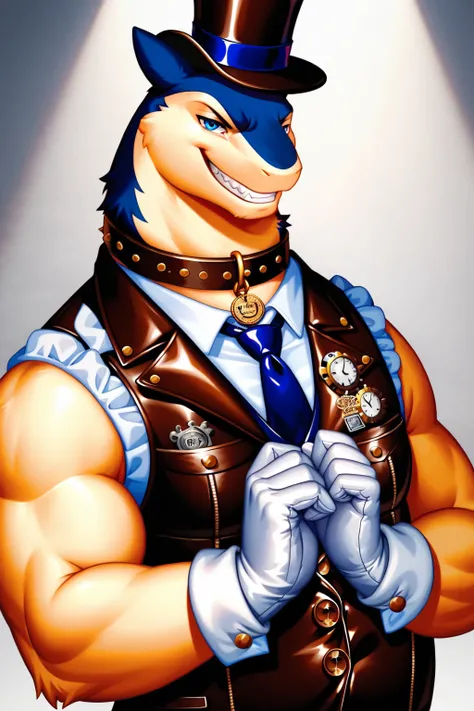 Solo, Male, fat, musclegut, obese, steampunk, gentleman, dapper Typhlosion, blue eyes, wearing a big leather collar around his neck, (Leather Collar:1.3), (artist:Takemoto Arashi), (soft shading), 4k, hi res, ((detailed face, detailed)), looking at viewer,...