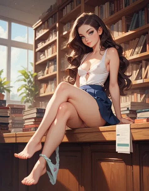 cute brunette girl with long hair, working in a bookstore, small breasts, cleavage, mini skirt, beautiful eyes, sitting on a counter, crossed legs, bare legs, barefoot, bare foot, panties around leg, bedroom eyes, erect nipples under clothes