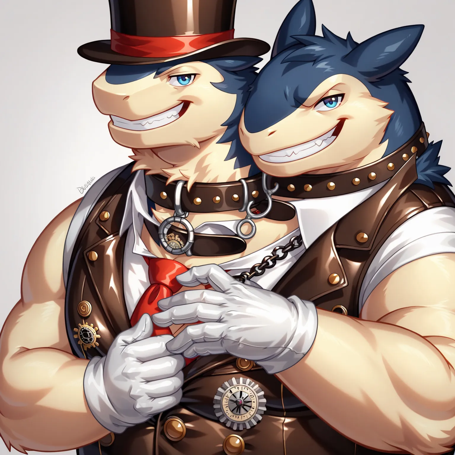 Solo, Male, fat, musclegut, obese, steampunk, gentleman, dapper Typhlosion, blue eyes, wearing a big leather collar around his neck, (Leather Collar:1.3), (artist:Takemoto Arashi), (soft shading), 4k, hi res, ((detailed face, detailed)), looking at viewer,...