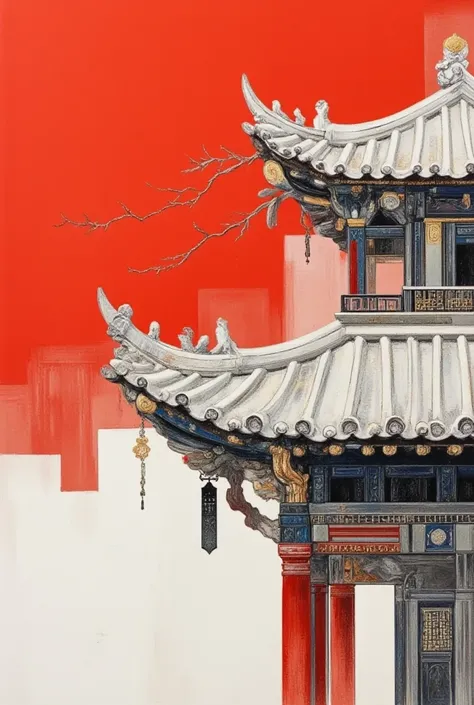 A shabby painting after burning，Minimalism：1.57. Close up of the roof of an ancient Chinese building，A bookmark hangs on it ， red background ，