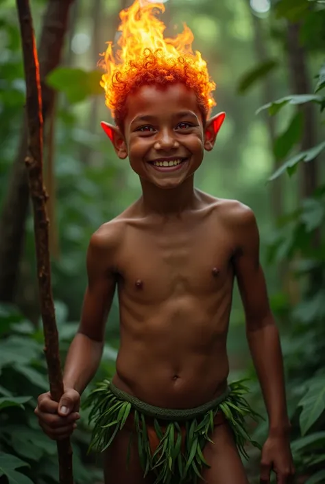 Brazilian indigenous boy,  tanned brown skin,  with fiery red hair, on fire, flaming.  red eyes, wide open, illuminated, brilliant, Barbecued lights.  pointy ears.  smiling, Showing the greenish teeth.  shirtless underwear.  muscular body. Wearing a thong ...