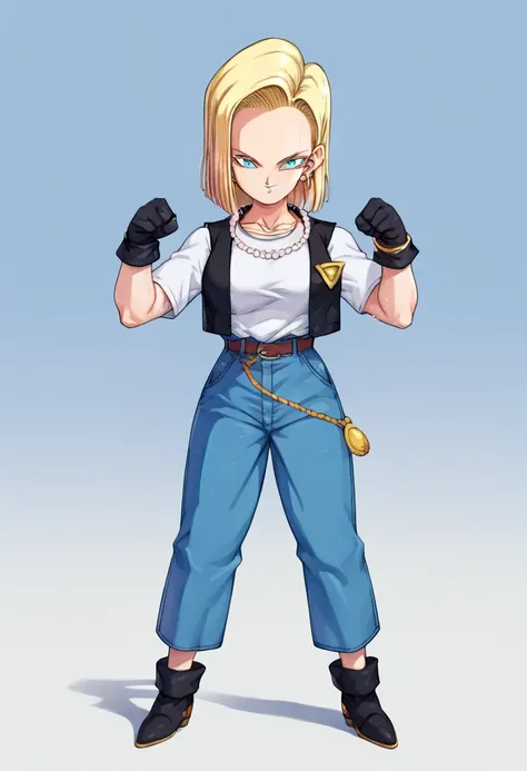  score_9, score_8_up, score_7_up, score_9, score_8_up, score_8, super precise, beautiful face,高解像度ブレイクAndroid 18SDXL, 1 girl,Alone, short hair , blue eyes, blonde hair, gloves,  jewelry, earrings,black  gloves,belt,  pants, necklace,vest, denim , jeans,pea...