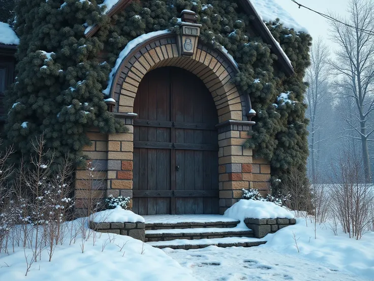 winter,  snow , close-up of the entrance to an old monastery with a bush, large wooden shackled door, steps, a platform with a low wall in front of the door, inspired by Vasily Polenov , inspired by Vasily Surikov,  Alexander Abdulov , inspired by Franz Se...