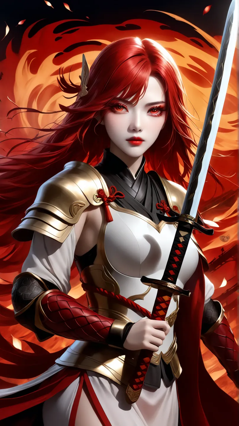   MaleniaNorm's intense and thrilling scene , Legendary female warrior,  maximizing realistic rendering .   Petite woman standing confidently  ,  Her slim figure wears elaborate gold and crimson armor ,  covered with elegant ,  thorn-like pattern . She is ...