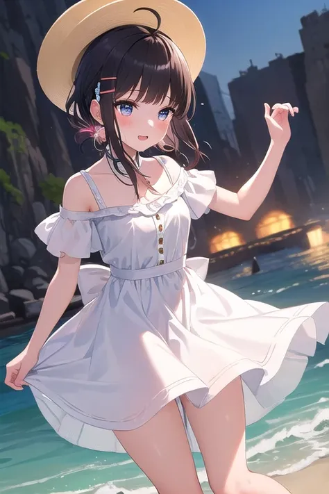 ((top quality)), ((masterpiece)), (Details),  1 girl。blunt bangs。Short Hair。braided ponytail。ahoge。Cute hair clip。 look so young。 small breasts。(moving composition)。glad。 dress。Wide-rimmed Hat 。Seaside。