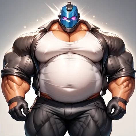 a man with a big giant musclegut tall wide body with big fat belly using black jacket, shirt, black glove, black pants, robot helmet which cover every face. standing still, solo, very big, very tall, very wide, very muscular, very fat, big belly, fat chubb...