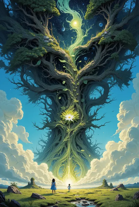 A massive tree is suspended upside-down in the sky, its vast roots woven into dense, misty clouds, pulsing with hidden life. Below, a small girl in a blue sundress stands barefoot on a sunlit field, reaching out to grasp a radiant silver flower that dangle...