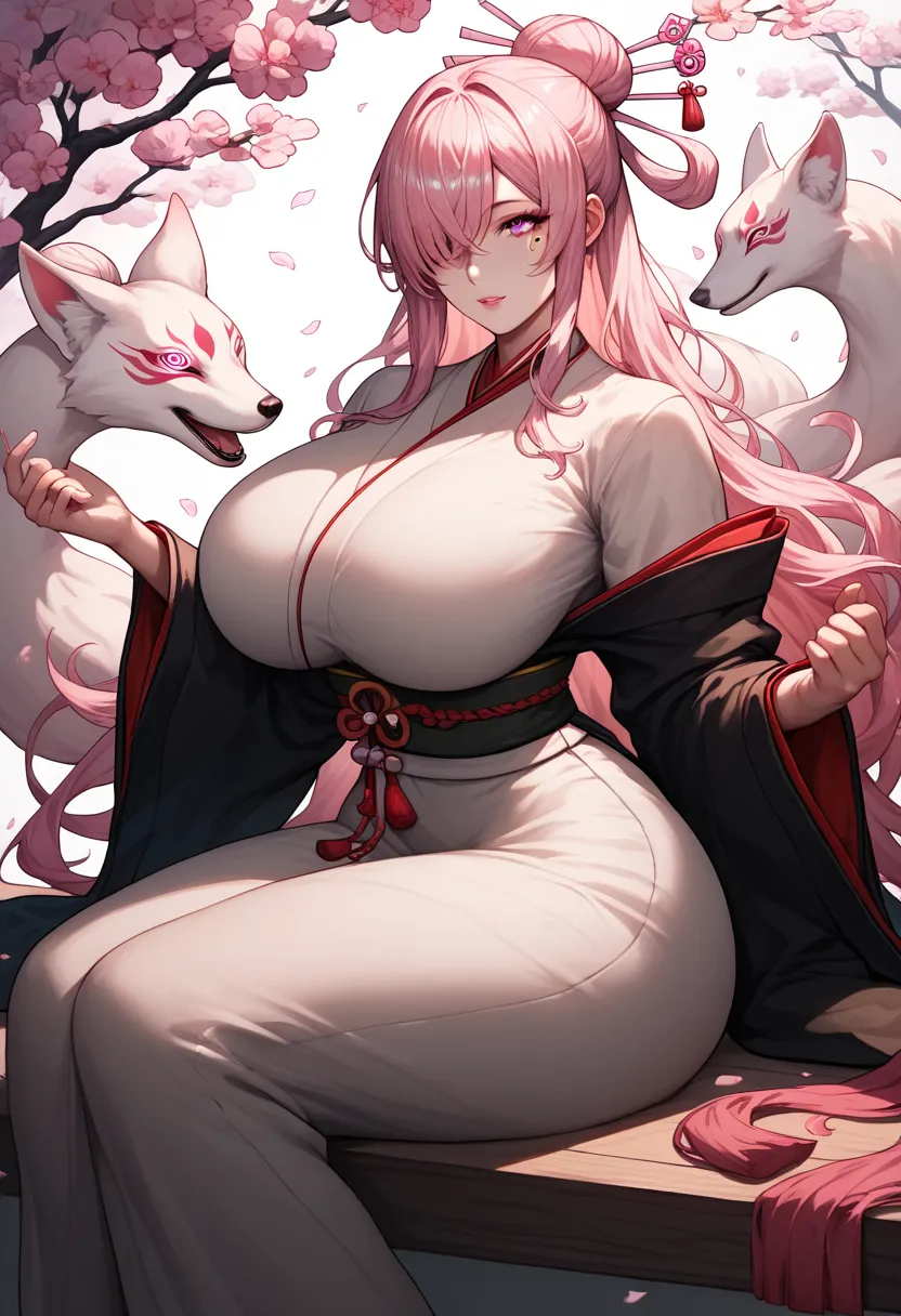 kitsune, sitting, mixed_artwork style, (detailed eyes), (Mature woman), beautiful woman, huge breasts, white long hair, large bangs, bangs over eye, hair bun, (black martial clothes, black), pink eyes, lovely face, mole under eye, huge body