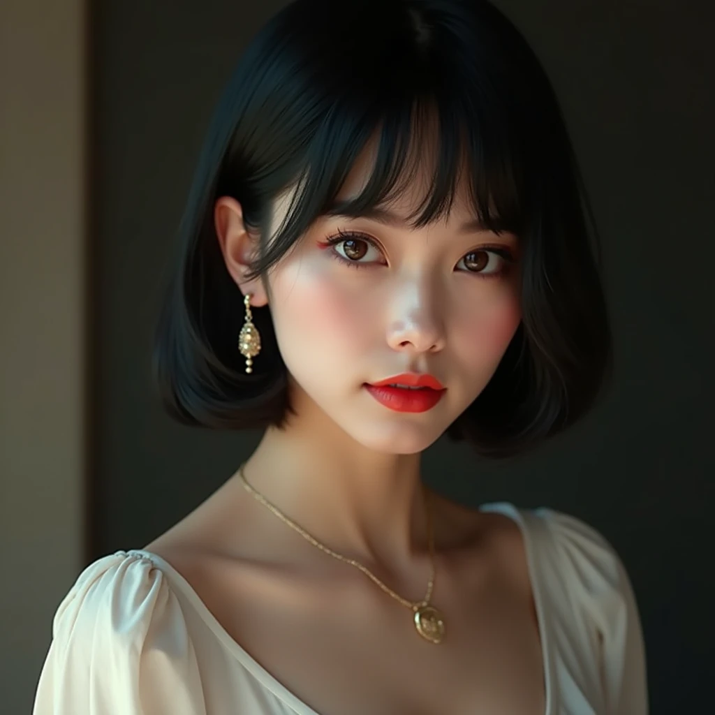 1girl, solo, looking at viewer, short hair, bangs, black hair, jewelry, closed mouth, upper body, earrings, lips, portrait, red lips