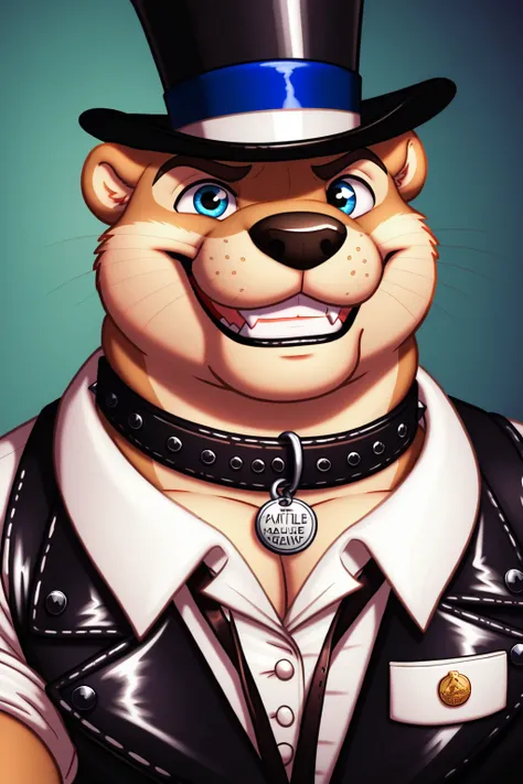 Solo, Male, fat, musclegut, obese, gentleman, dapper Otter, blue eyes, wearing a big leather collar around his neck, (Leather Collar:1.3), (artist:Takemoto Arashi), (soft shading), 4k, hi res, ((detailed face, detailed)), looking at viewer, evil grin, coll...