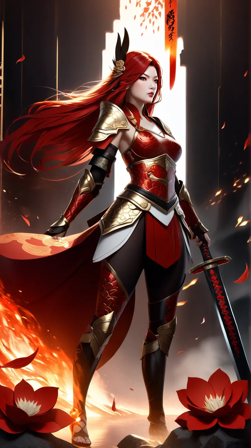   MaleniaNorm's intense and thrilling scene , Legendary female warrior,  maximizing realistic rendering .   Petite woman standing confidently  ,  Her slim figure wears elaborate gold and crimson armor ,  covered with elegant ,  thorn-like pattern . She is ...