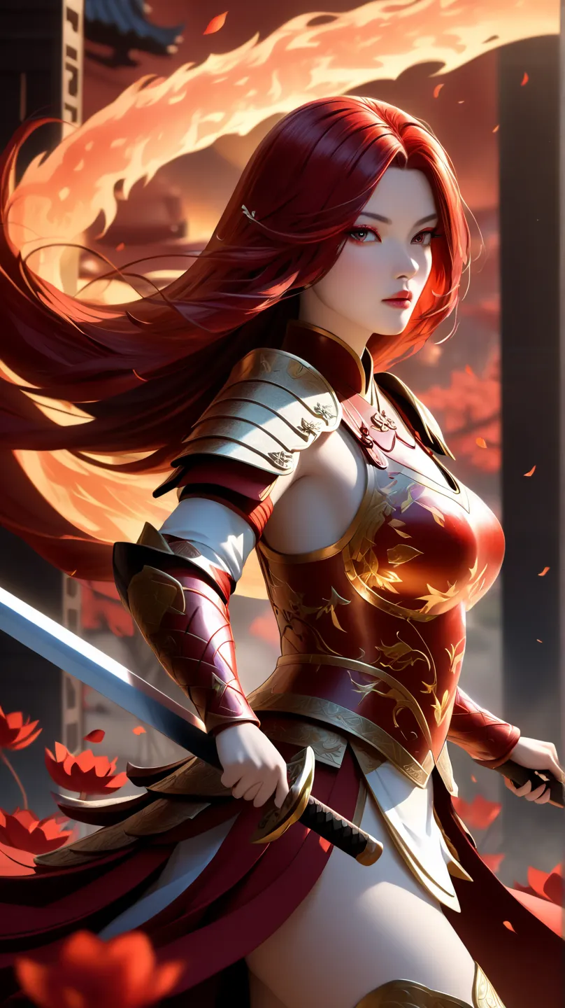   MaleniaNorm's intense and thrilling scene , Legendary female warrior,  maximizing realistic rendering .   Petite woman standing confidently  ,  Her slim figure wears elaborate gold and crimson armor ,  covered with elegant ,  thorn-like pattern . She is ...