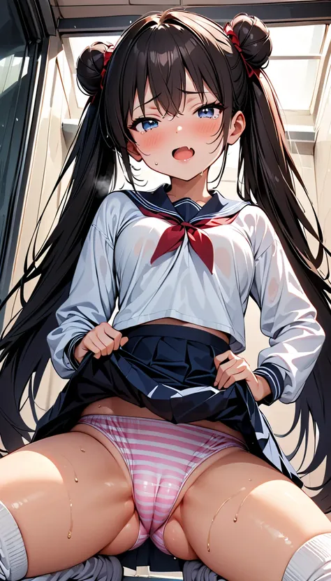 Slender, 12yo, (beautiful ass, (close-up shot of hip)), (super shiny pink striped panties with deep borders, cameltoe), squatting, (skirt lift), slender waist, くびれ, medium breasts, school uniform, Navy mini skirt, 1girl, rosa, (double bun, long twintails, ...