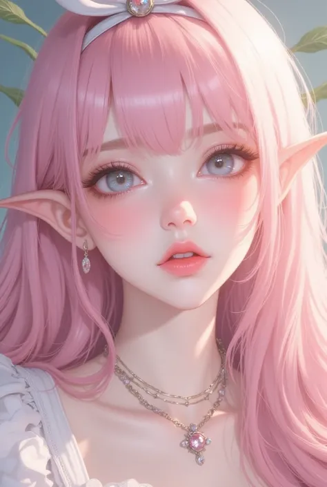 ( top quality,  highest resolution, 8k,  realistic, Real person ,  good anatomy,  precise body structure, Precise hands, Precise hands가락,  perfect photo , Clean pussy ),  pretty girl, Elf, Brilliant pink hair ,  long hair ,The bangs are sesame leaf hair,  ...