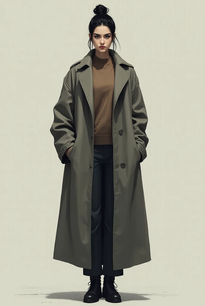 Tall woman wearing brown sweatshirt large gray coat .Black shoes.  black hair tied up.  black eyebrows 