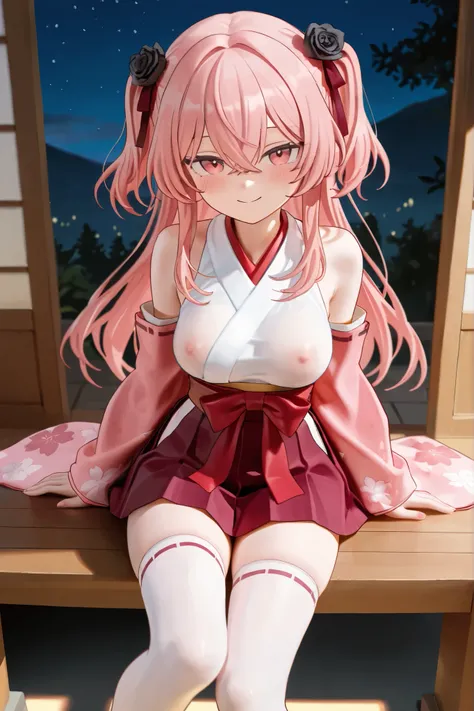 NSFW, Masterpiece, best quality, high resolution, very detailed, Sajuna Inui\( that dress-up doll falls in love\), pink hair、bangs、 shirt、 hair between eyes, two side up、 hair flower、Black Rose, small tits, kimono, sleeveless, detachable sleeves, miniskirt...