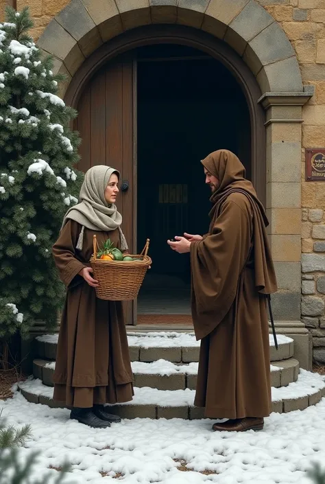  Household scene. a medieval peasant woman with a basket of food offers goods to a Benedictine monk in brown clothes, winter,  snow ,  close-up of the entrance to an old monastery with a bush,  large wooden bound door, steps,  in front of the door is a pla...