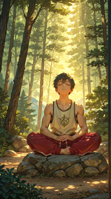 masterpiece, best quality, amazing quality, very aesthetic, absurdres, soft lighting, backlighting, light particles, depth of field, sunbeam, dappled sunlight,
BREAK
outdoors, day, forest, tree, bush, boulder, mountain,
BREAK
1boy, slightly muscular , so...