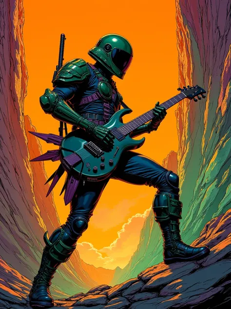 Highly detailed and smooth comic books style of an Electric guitar solo futuristic soldier in ancient ridge ruins, orange as primary color, green and purple interventions on smooth gradient overlays, on iconic heavy metal magazine cover style.