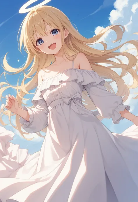 girl,blonde hair,smile,laugh,side parted hairstyle,long hair,おでこ,angel wing,white dress,off shoulder,long skirt,sky