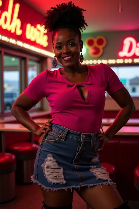 A curvaceous Black woman in a cropped, tie-front ribbed tee in electric fuchsia, paired with a distressed high-waisted denim mini skirt featuring frayed edges and lace-up accent boots. Her hair is styled in a high, voluminous puff with delicate baby hairs,...