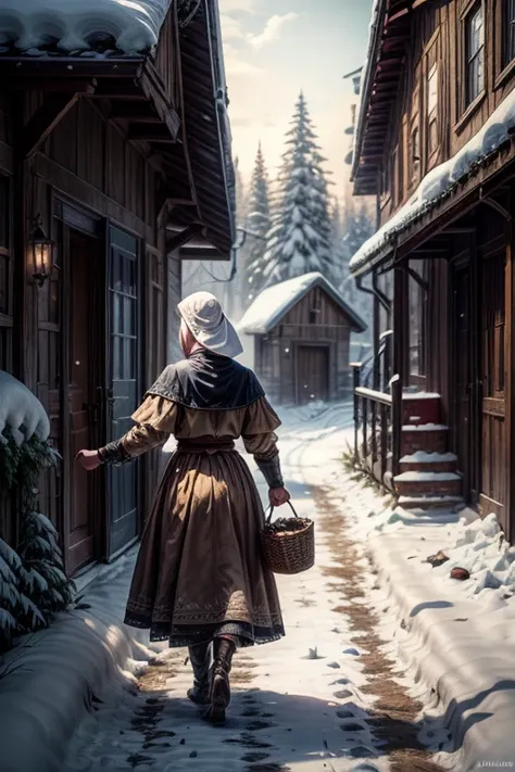  Household scene. a medieval peasant woman with a basket of food offers goods to a Benedictine monk in brown clothes, winter,  snow ,  close-up of the entrance to an old monastery with a bush,  large wooden bound door, steps,  in front of the door is a pla...