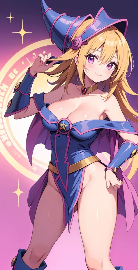 a black magician girl,18 years old,smile,T-back that digs into your butt ,big breasts,thick thighs,purple magician costume,blonde hair,magic circle, Magic Wand,magician hat  (((  she is standing in a magic spell with vibrant colors the image!!!)))