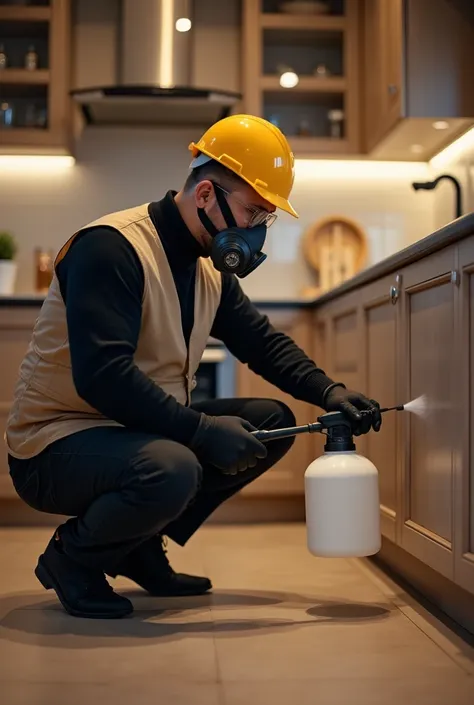  Professional fumigation specialist wearing a black sweater beige vest wearing safety glasses, engineer's helmet, Gas mask,  black gloves , crouching with a manual sprayer ,  applying the product under the cabinets in a luxurious kitchen 