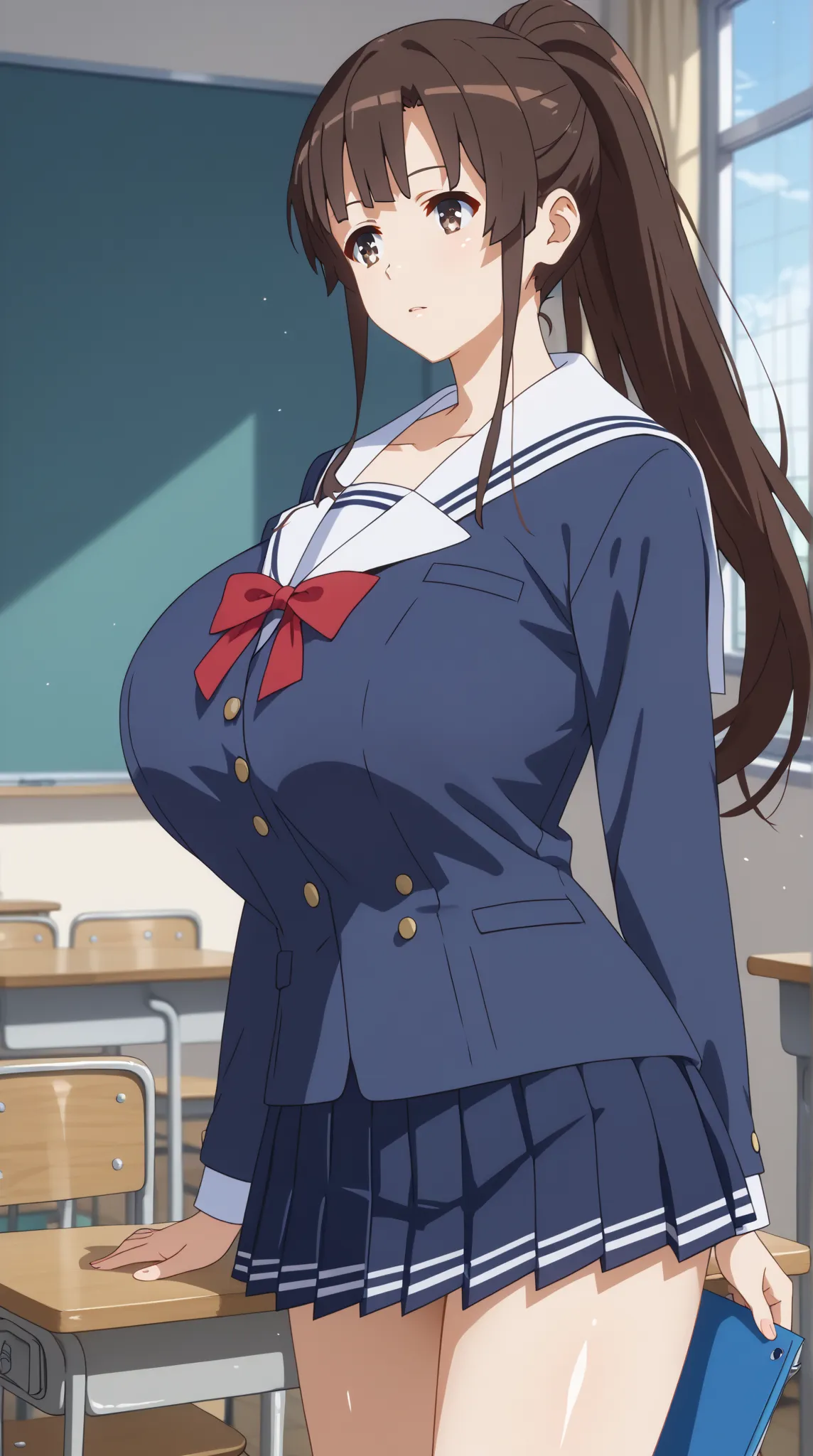 (UHD, retina, masterpiece, accurate, anatomically correct, super detail, high details,   highres, 1080P, 16k、high detail RAW color art:1.3)、 (megumi katou:1.3)、(long hair, ponytail, brown hair, brown eyes:1.3)、(very gigantic breasts:1.3)、(miniskirt, school...