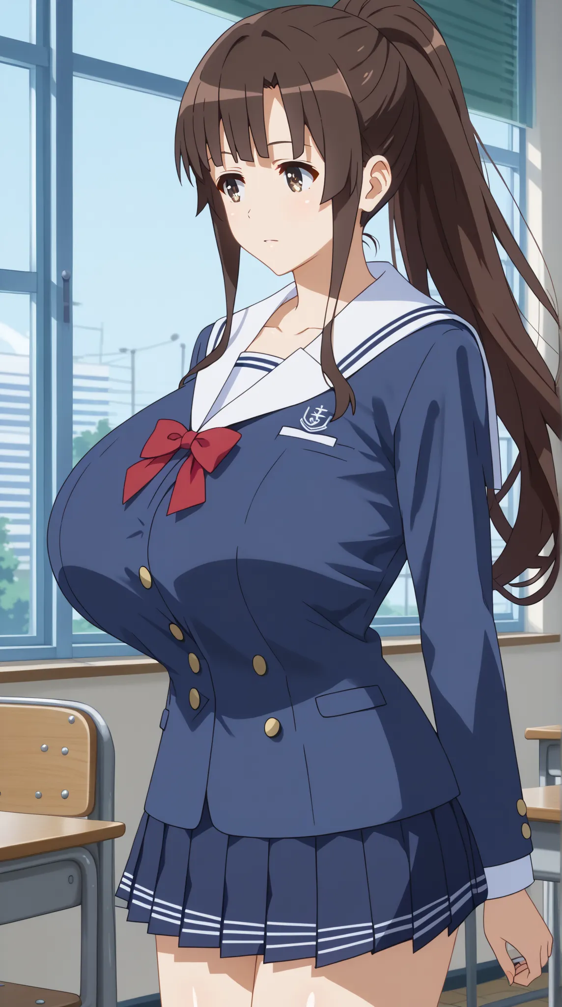 (UHD, retina, masterpiece, accurate, anatomically correct, super detail, high details,   highres, 1080P, 16k、high detail RAW color art:1.3)、 (megumi katou:1.3)、(long hair, ponytail, brown hair, brown eyes:1.3)、(very gigantic breasts:1.3)、(miniskirt, school...