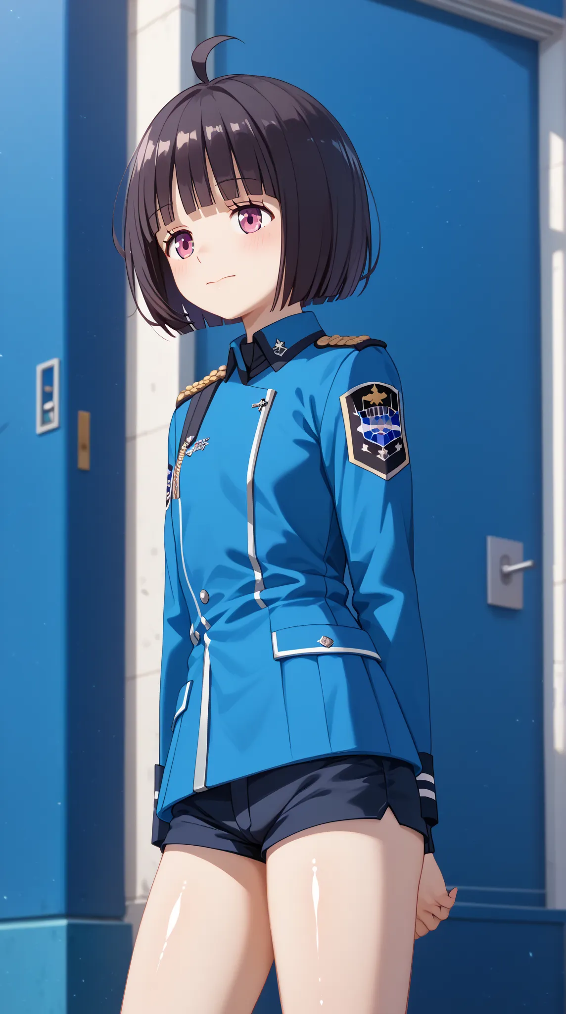 (UHD, retina, masterpiece, accurate, anatomically correct, super detail, high details,   highres, 1080P, 16k、high detail RAW color art:1.3)、(Chika Amateurs:1.3)、(ahoge, blunt bangs,bob cut、 short hair、dark hair:1.3)、(very flat chest:1.5)、(blue jacket, unif...