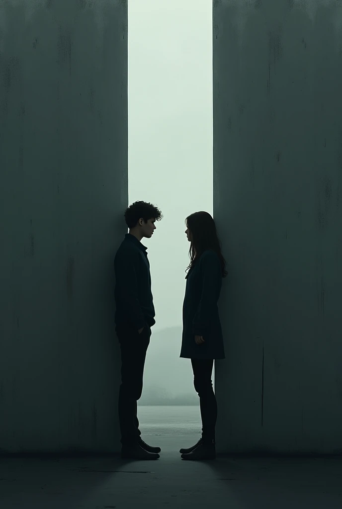 Give me an image with dark and neutral colors 
Where a couple is separated by a wall other than just the silhouette 