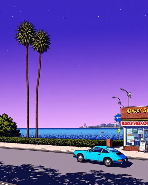 80's city pop art, summer scenery, (wind lines), palm tree, particles, from side, porsche 356, side view, Seascape, tropical, shop, gradient sky, purple sky, early evening, starry sky, crystal clear sea, seashore,    . (masterpiece, best quality:1.2)