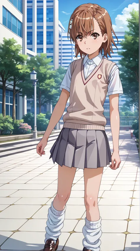 (UHD, retina, masterpiece, accurate, anatomically correct, super detail, high details,   highres, 1080P, 16k、high detail RAW color art:1.3)、 (misaka mikoto:1.3)、(short hair, brown hair:1.3)、(very flat chest:1.5)、(skirt, shirt, school uniform, white shirt, ...