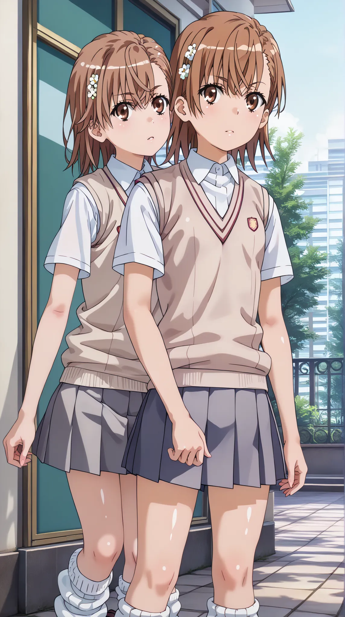 (UHD, retina, masterpiece, accurate, anatomically correct, super detail, high details,   highres, 1080P, 16k、high detail RAW color art:1.3)、 (misaka mikoto:1.3)、(short hair, brown hair:1.3)、(very flat chest:1.5)、(skirt, shirt, school uniform, white shirt, ...