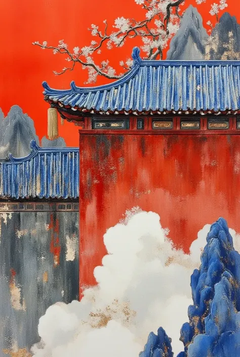 A shabby painting after burning，Minimalism：1.57.Close up of the blue roof of an ancient Chinese building，A bookmark hangs on it ， red background ，Negative Space：1.5