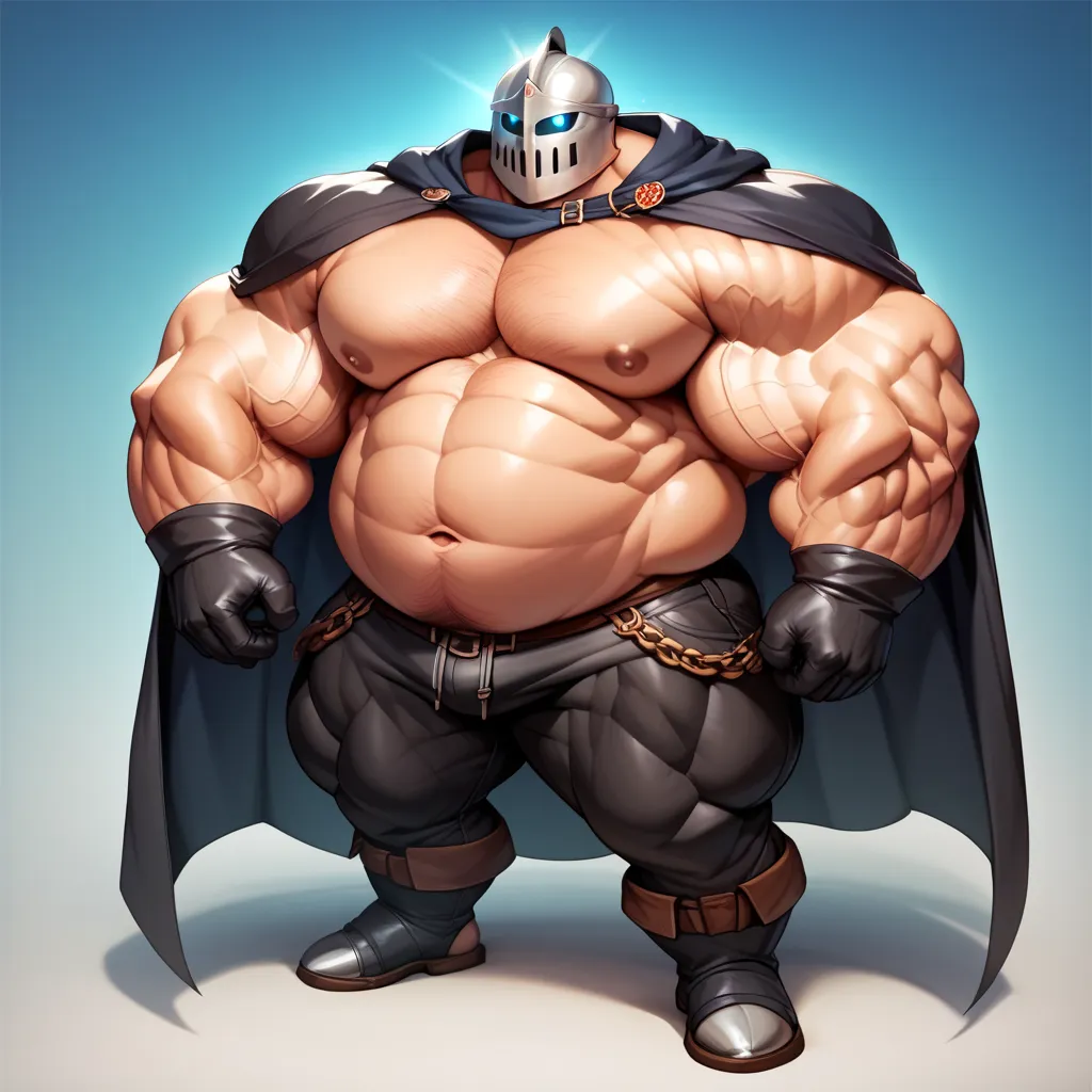 a man with a big giant musclegut tall wide body and big round gut using black cape, black underpants, black gloves and knight head which cover every of his face. full body, standing still, solo, very big body, very tall body, very wide body, very muscular ...