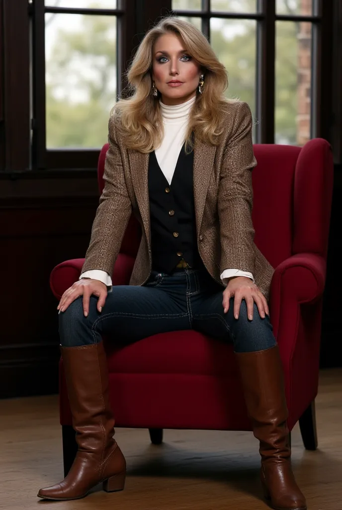  A confident woman with a serious expression and She is sitting in a red chair with legs apart and hands resting on your thighs.  Wear an elegant and sophisticated outfit with an equestrian touch :  a tight brown tweed jacket ,  a black vest over a white t...