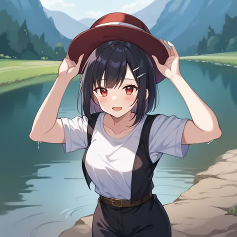 score_9、score_8_up 、score_7_up 、source_anime、 1 girl、solo、 black hair short、 bob cut 、(amount)、(Hairpin parted to the center of the bangs )、 red eyes、Petite、smile、 open your mouth、Red brimmed hat 、 the ( black jacket with rolled up sleeves she is wearing)、...