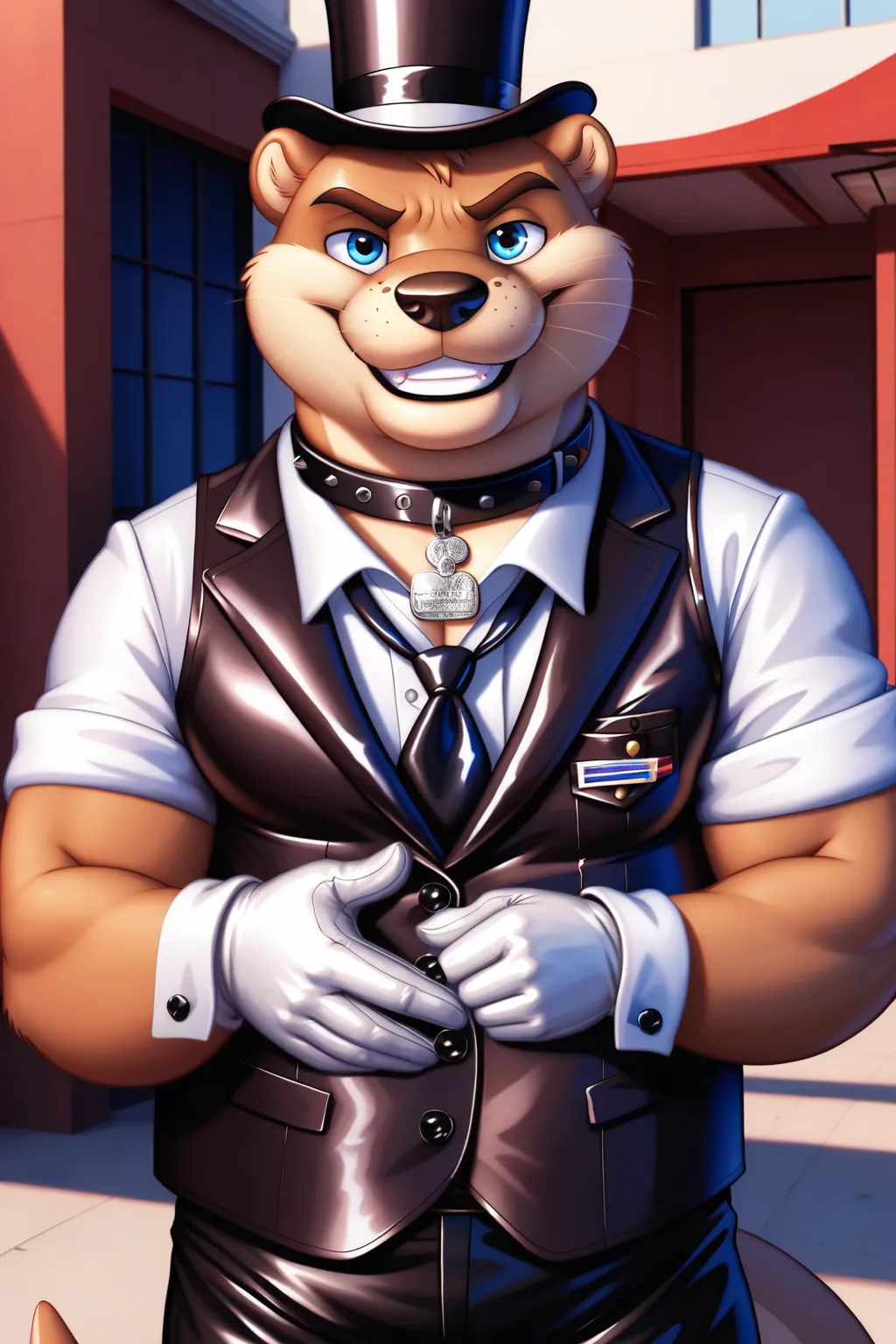 Solo, Male, fat, musclegut, obese, gentleman, dapper Otter, blue eyes, wearing a big leather collar around his neck, (Leather Collar:1.3), (artist:Takemoto Arashi), (soft shading), 4k, hi res, ((detailed face, detailed)), looking at viewer, evil grin, coll...