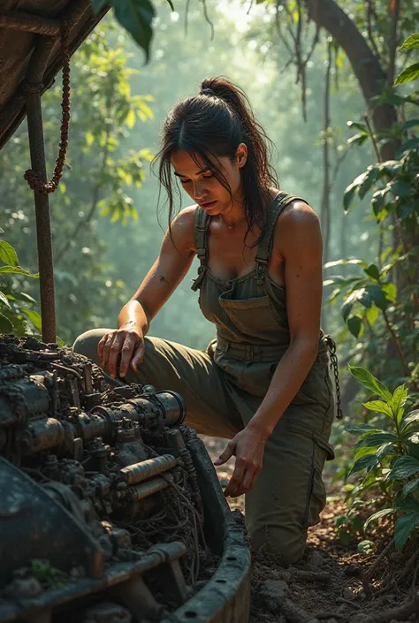 A lady mechanic repairing  a stuck car in the jungle of Congo 