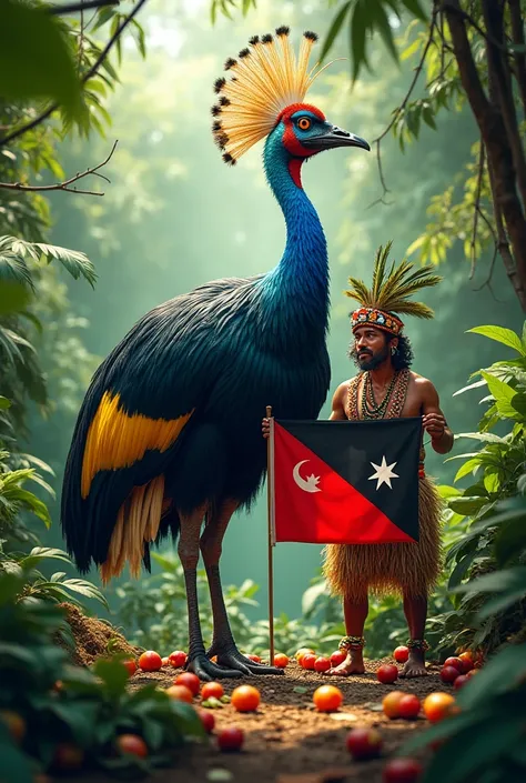 Big muruk eating fruits beside the jungle the owner of the muruk is by the name of Stanton Haopanol,he wear png kumuls Jessy and on another hands he hold Papua New Guinea flag 