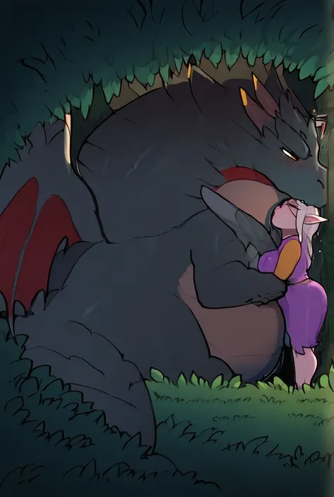  Couple, one dragon, one woman, in a cave, in the forest, kissing, beautiful, love, big dragon monster, size difference, male dragon, female elf