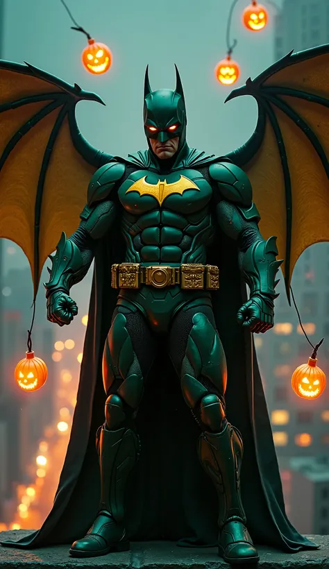 An ultra-realistic fusion of Batman and the Green Goblin, standing on the edge of a skyscraper at night, with a menacing and powerful stance. His body is covered in a fusion of Batman’s black tactical armor and the Green Goblin’s metallic green plating, fe...