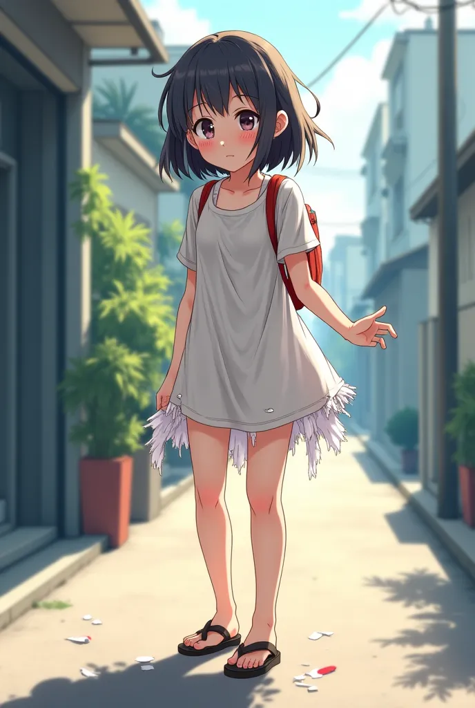 An anime girl who wears almost all of her clothes torn and is blushing, her dress is very short, she wears sandals and wants to get home to put on new clothes